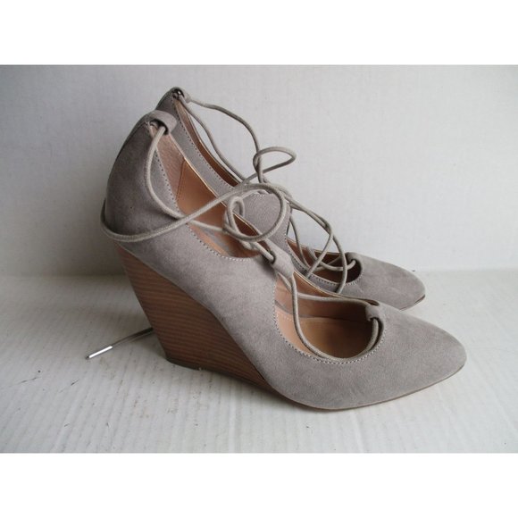 *Charles David Beige Suede Pumps Ankle Tie Closure Stacked Wedge Heels - Picture 2 of 9